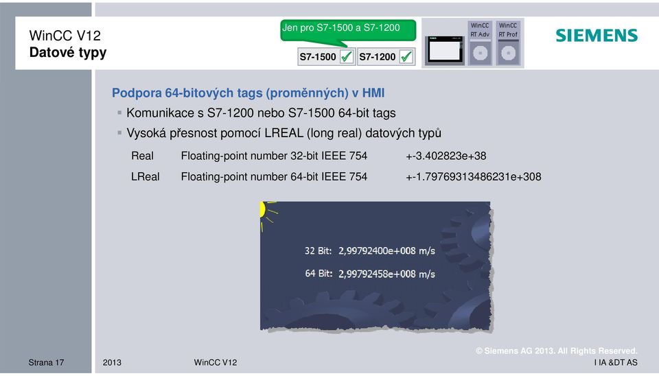 LREAL (long real) datových typů Real Floating-point number 32-bit IEEE 754 +-3.