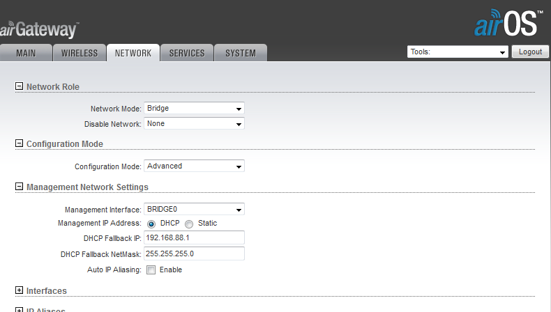 Otevřete záložku NETWORK a nastavte: Network Mode: Bridge Configuration: Advancet Managment Interface: BRIDGE0 Managment IP Adress: označte DHCP DHCP Falback IP: zadejte IP adresu brány routeru, ke