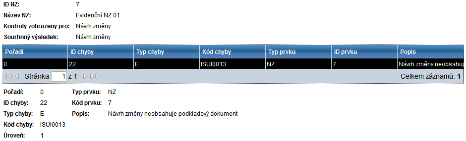 5.9. Výsledky kontrol [UNZ019] Pokud návrh změny obsahuje chyby, v tomto formuláři se zobrazí detaily chyb. 5.9.1. Zavřít 5.