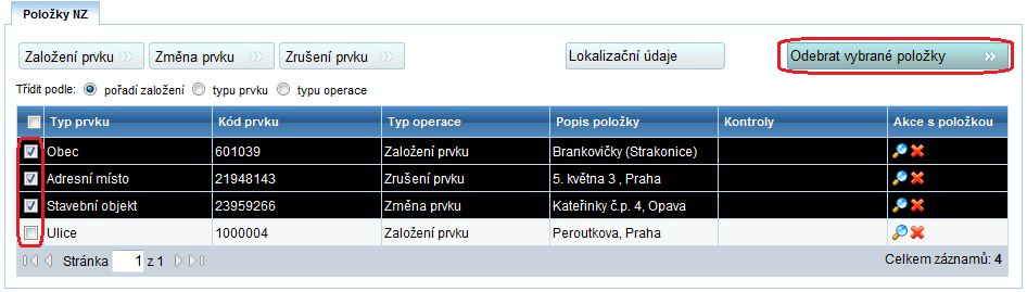 4. Uloţte tlačítkem Uložit změny. 5. Tlačítkem Zavřít se vrátíte do formuláře návrhu změny (obrazovka UNZ110). Podobně můţete vloţit návrh na změnu nebo zrušení libovolného prvku viz 3.1 Prvky RUIAN.