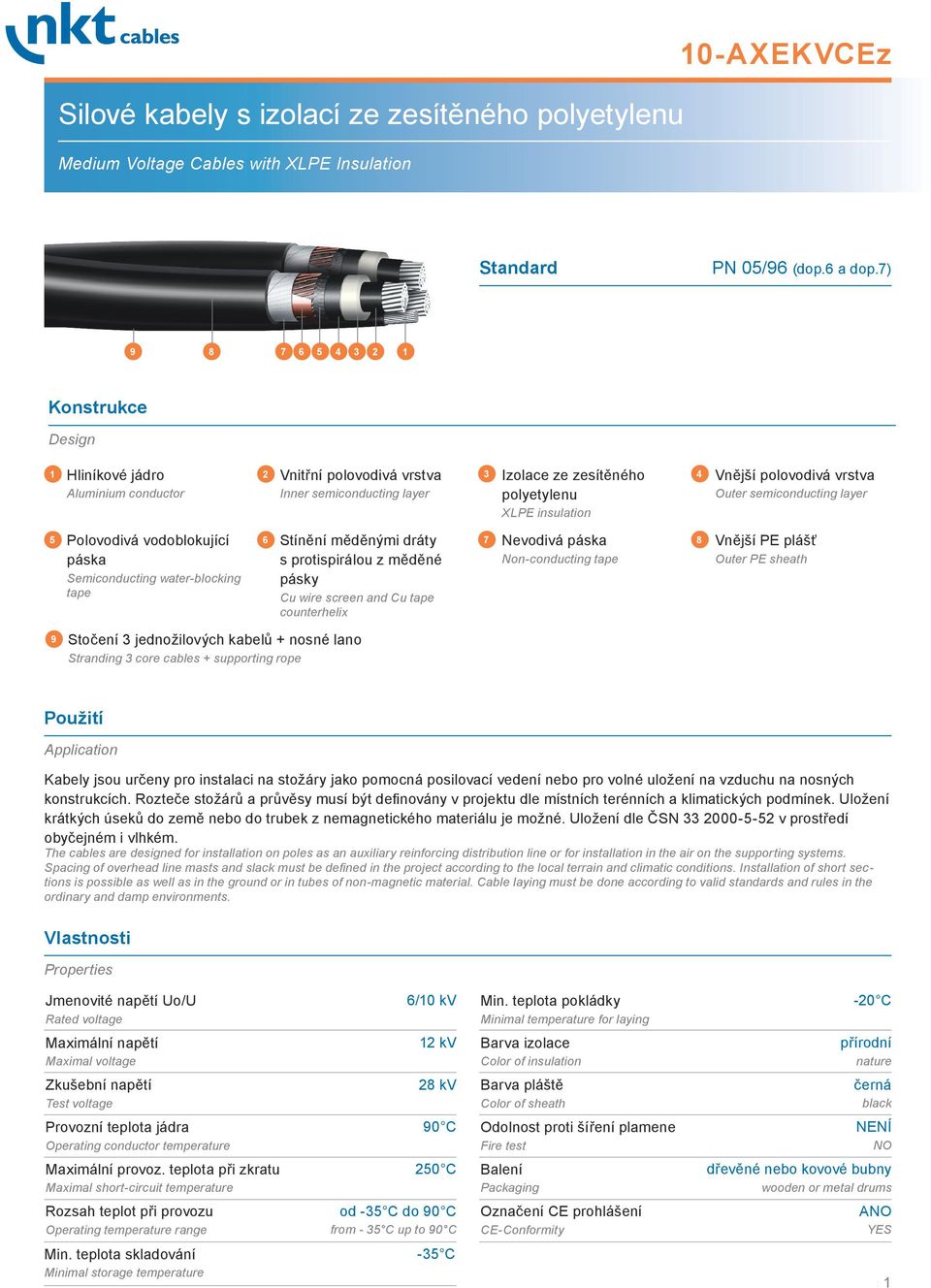 Stínění měděnými dráty s protispirálou z měděné pásky Cu wire screen and Cu tape counterhelix Izolace ze zesítěného polyetylenu XLPE insulation 1 2 3 4 Nevodivá páska Non-conducting tape 5 6 7 8