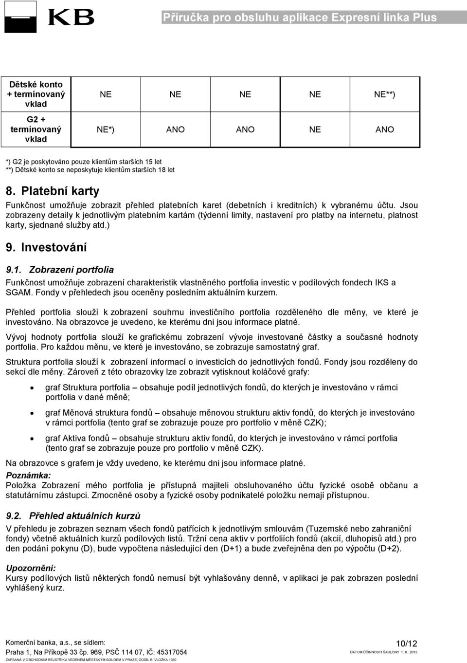 Jsou zobrazeny detaily k jednotlivým platebním kartám (týdenní limity, nastavení pro platby na internetu, platnost karty, sjednané služby atd.) 9. Investování 9.1.