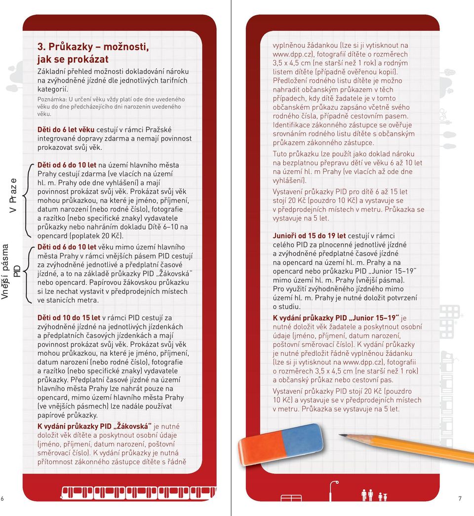 Děti do 6 let věku cestují v rámci Pražské integrované dopravy zdarma a nemají povinnost prokazovat svůj věk. Děti od 6 do 10 let na území hlavního města Prahy cestují zdarma (ve vlacích na území hl.