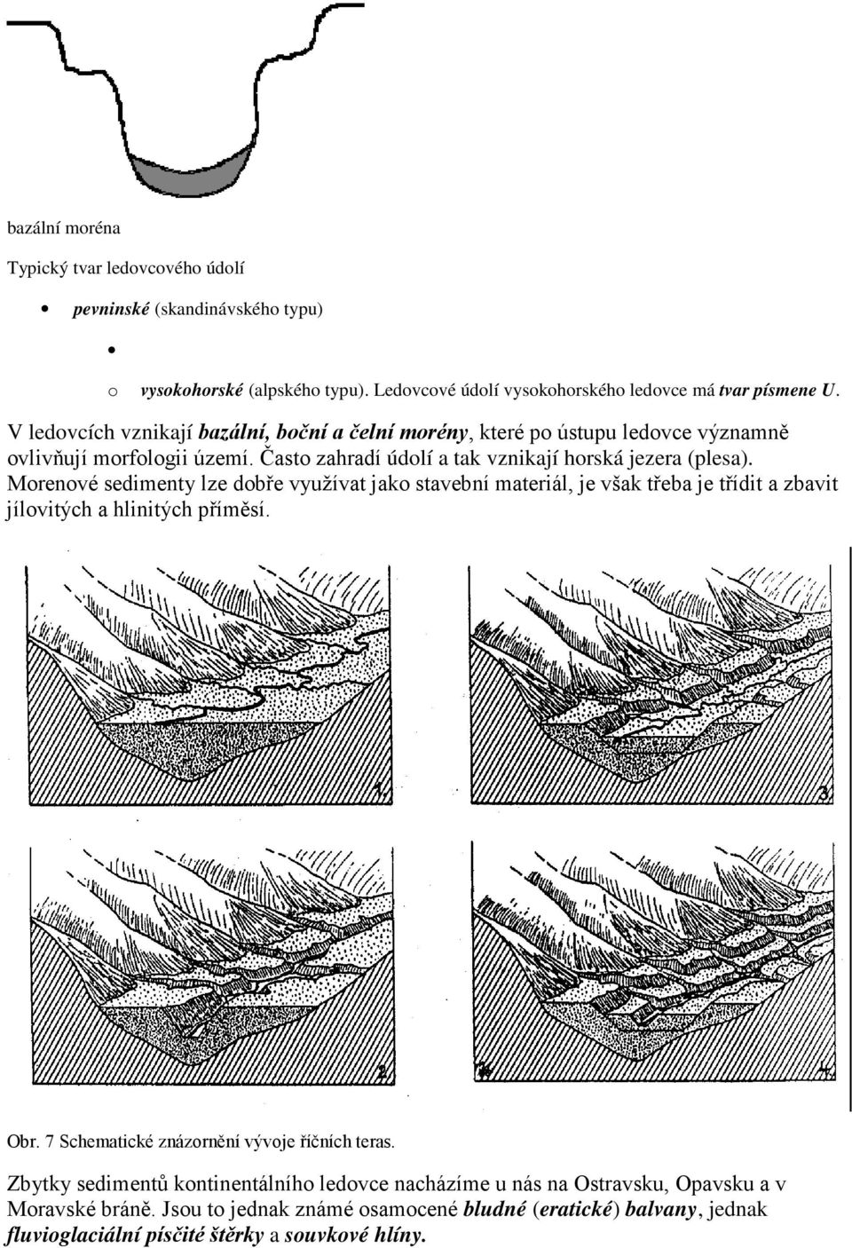 Morenové sedimenty lze dobře využívat jako stavební materiál, je však třeba je třídit a zbavit jílovitých a hlinitých příměsí. Obr. 7 Schematické znázornění vývoje říčních teras.