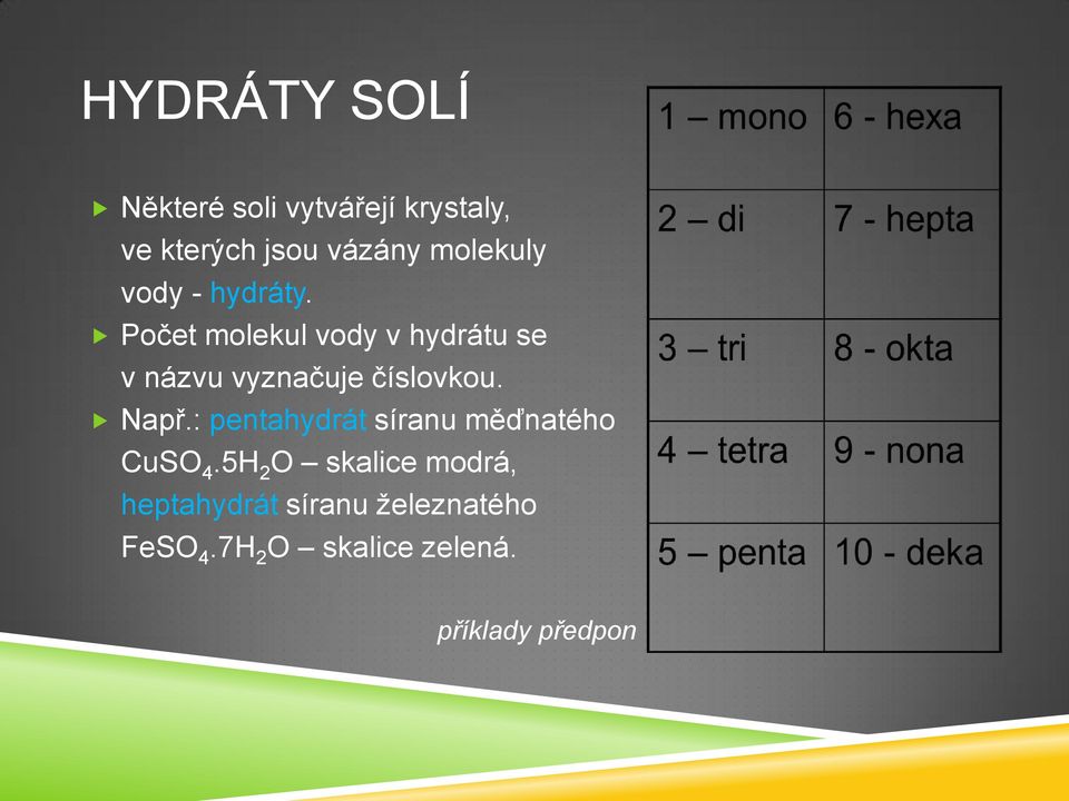 Počet molekul vody v hydrátu se v názvu vyznačuje číslovkou. Např.