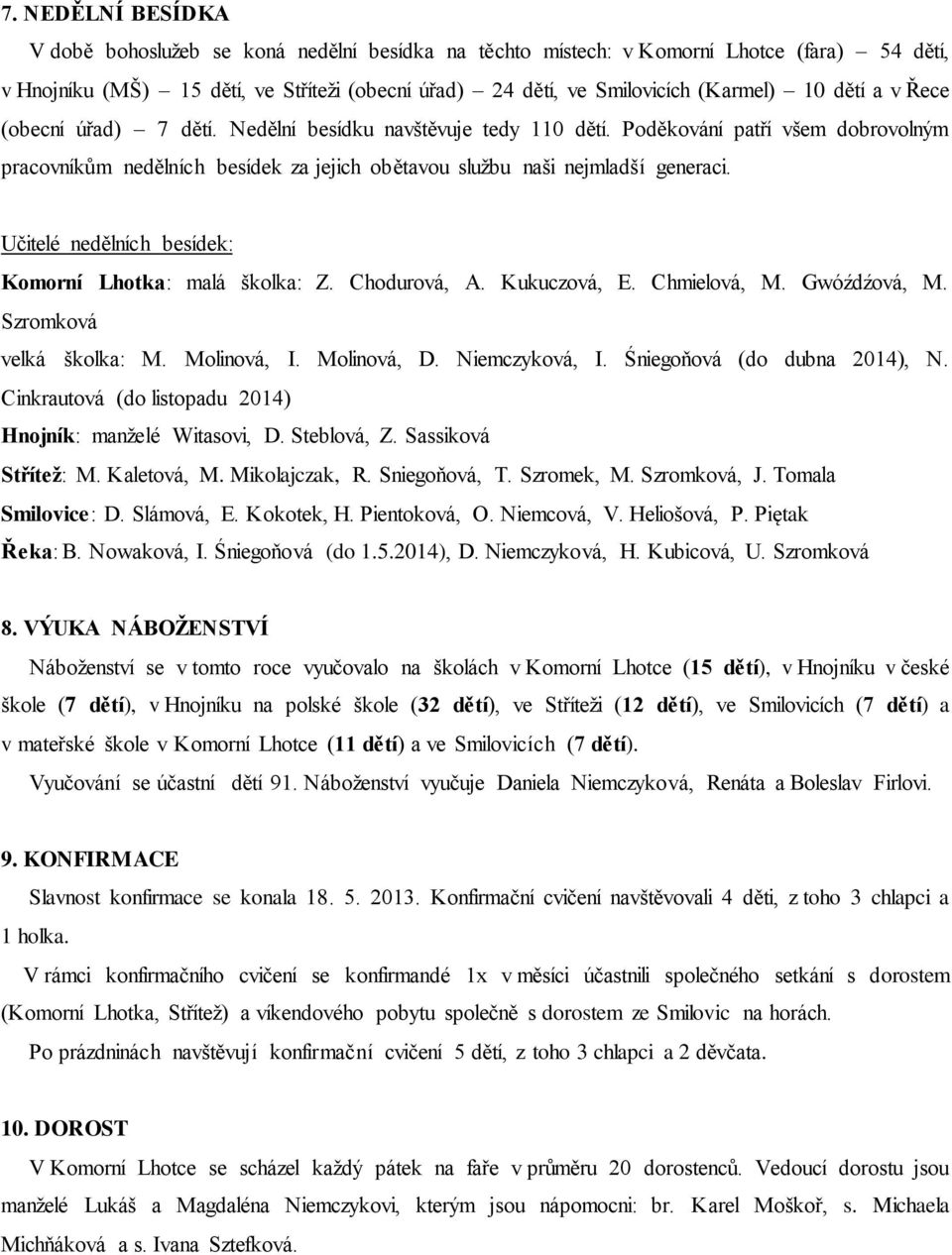 Učitelé nedělních besídek: Komorní Lhotka: malá školka: Z. Chodurová, A. Kukuczová, E. Chmielová, M. Gwóźdźová, M. Szromková velká školka: M. Molinová, I. Molinová, D. Niemczyková, I.