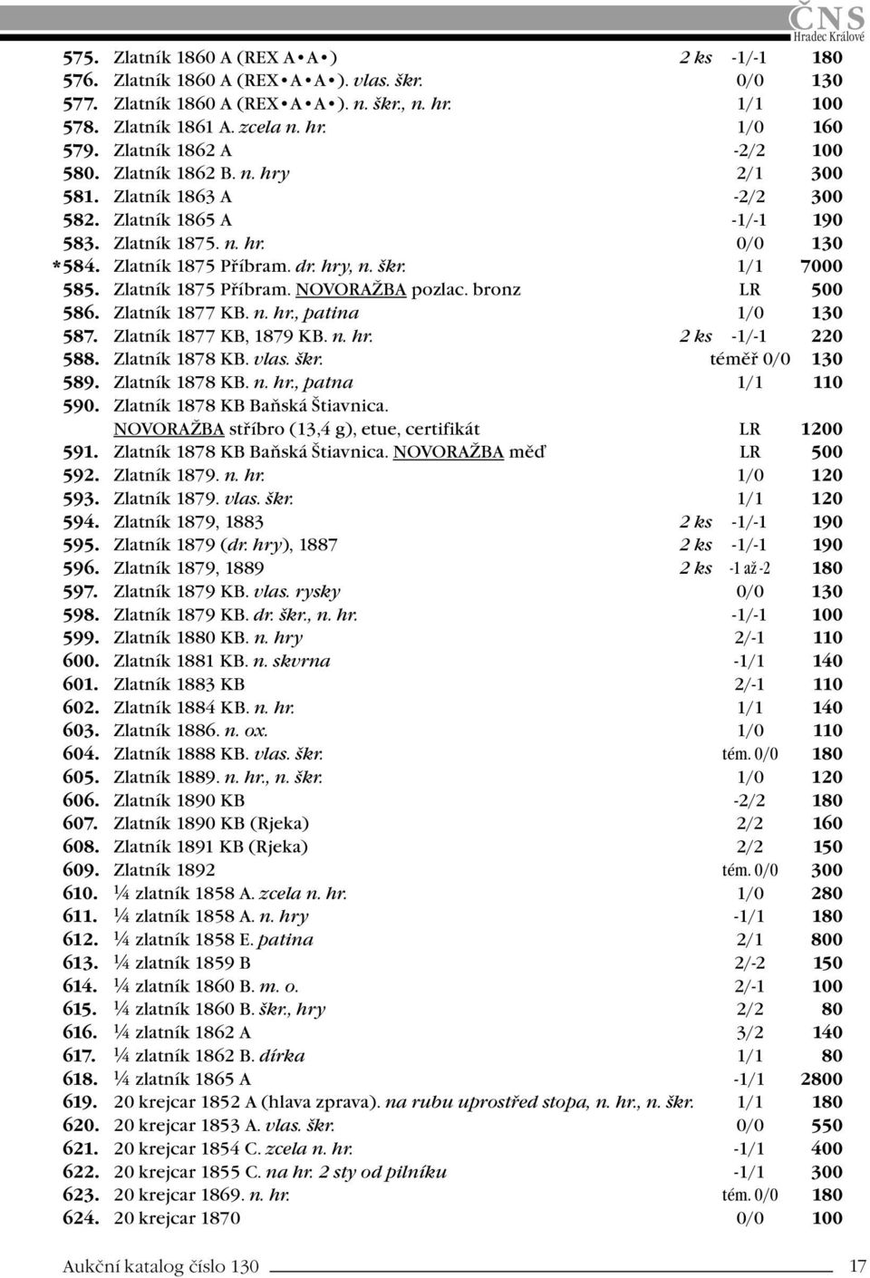 1/1 7000 585. Zlatník 1875 Příbram. NOVORAŽBA pozlac. bronz LR 500 586. Zlatník 1877 KB. n. hr., patina 1/0 130 587. Zlatník 1877 KB, 1879 KB. n. hr. 2 ks -1/-1 220 588. Zlatník 1878 KB. vlas. škr.