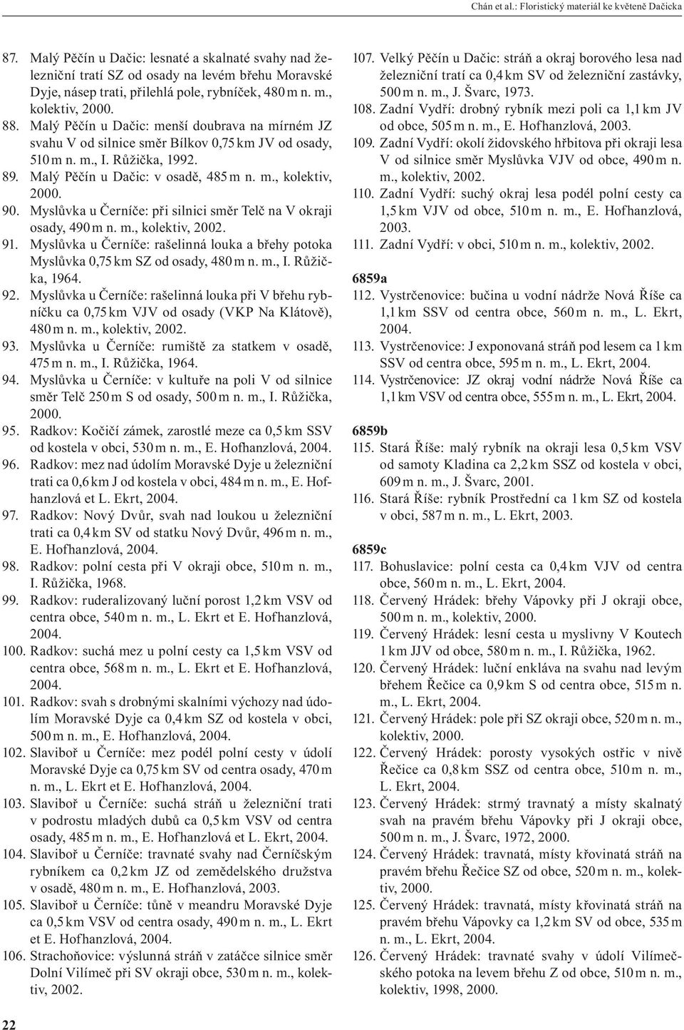 Malý Pěčín u Dačic: menší doubrava na mírném JZ svahu V od silnice směr Bílkov 0,75 km JV od osady, 510 m n. m., I. Růžička, 1992. 89. Malý Pěčín u Dačic: v osadě, 485 m n. m., kolektiv, 2000. 90.