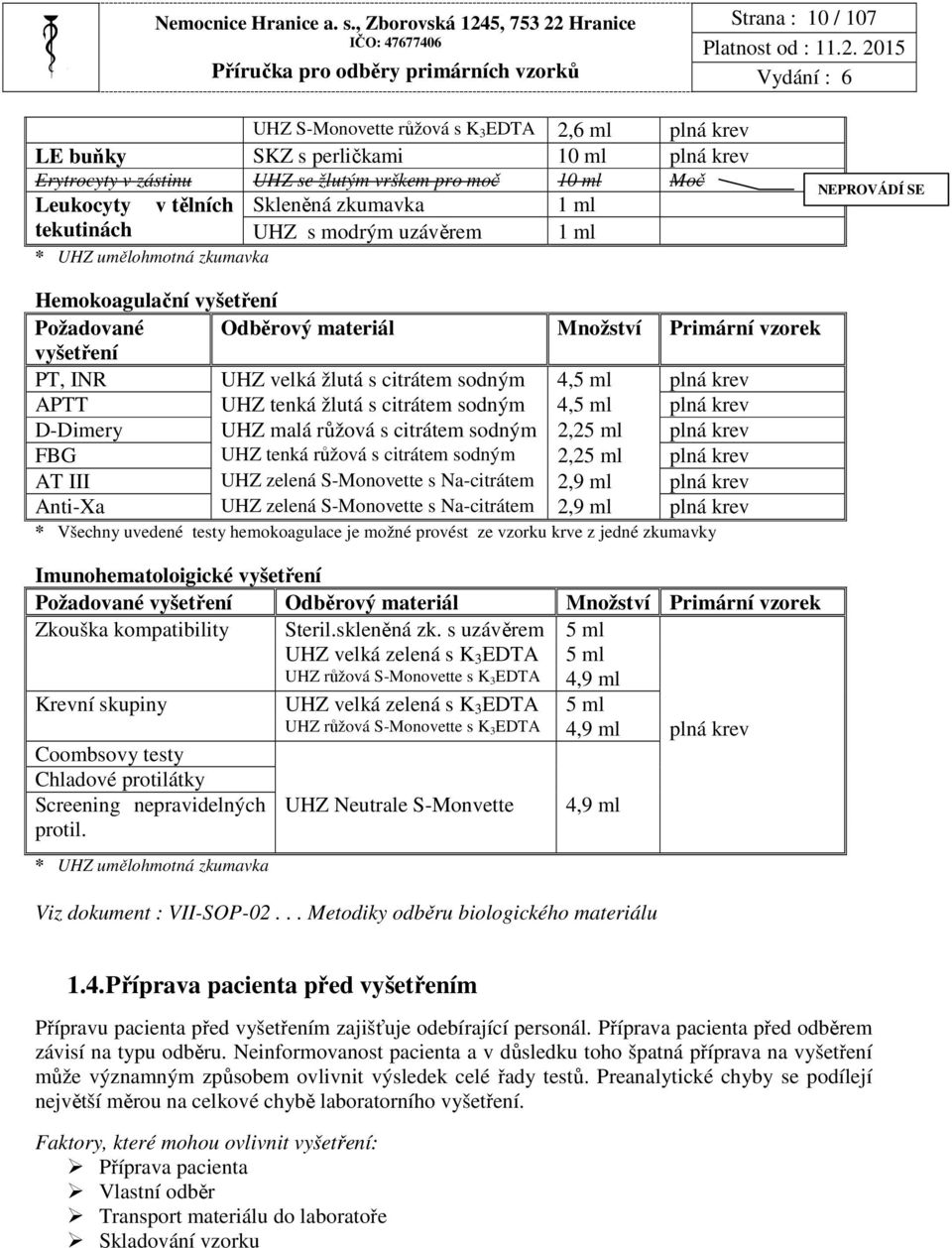 Moč Leukocyty v tělních Skleněná zkumavka 1 ml tekutinách UHZ s modrým uzávěrem 1 ml * UHZ umělohmotná zkumavka NEPROVÁDÍ SE Hemokoagulační vyšetření Požadované Odběrový materiál Množství Primární