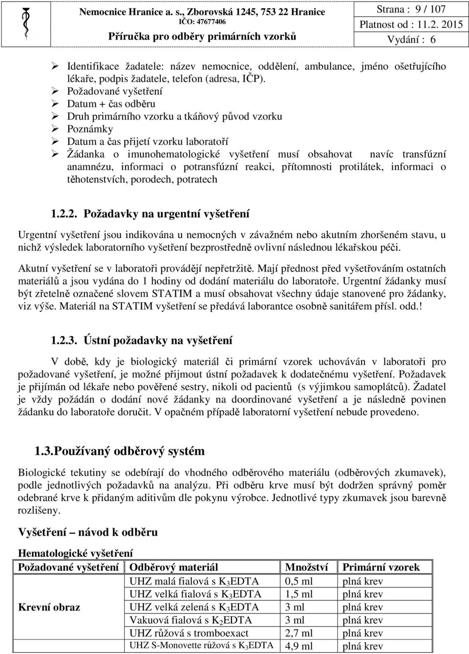 transfúzní anamnézu, informaci o potransfúzní reakci, přítomnosti protilátek, informaci o těhotenstvích, porodech, potratech 1.2.