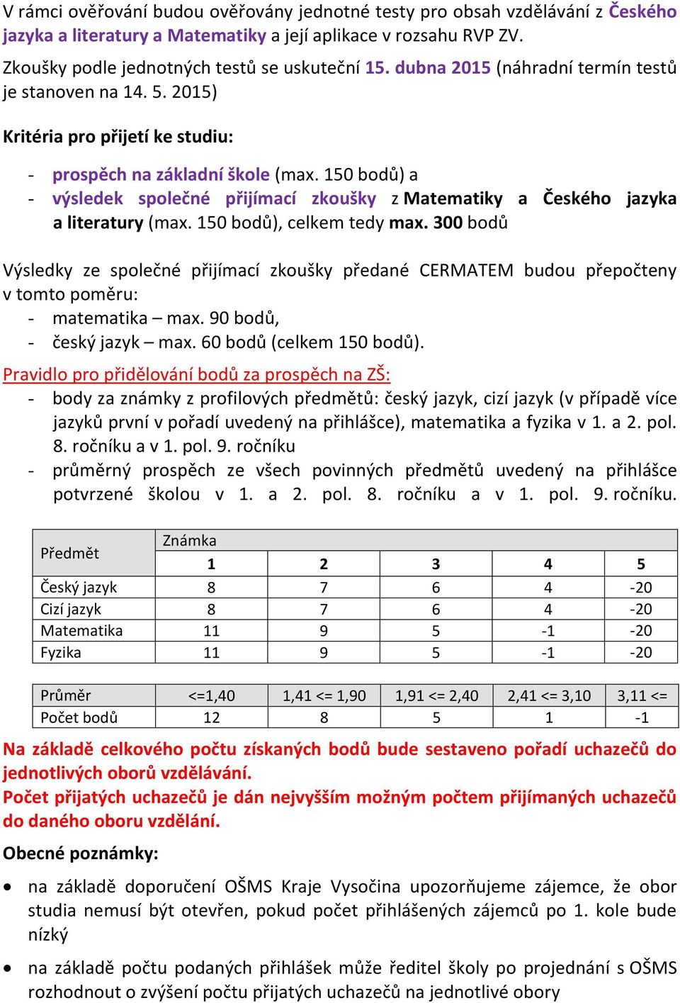 150 bodů) a - výsledek společné přijímací zkoušky z Matematiky a Českého jazyka a literatury (max. 150 bodů), celkem tedy max.