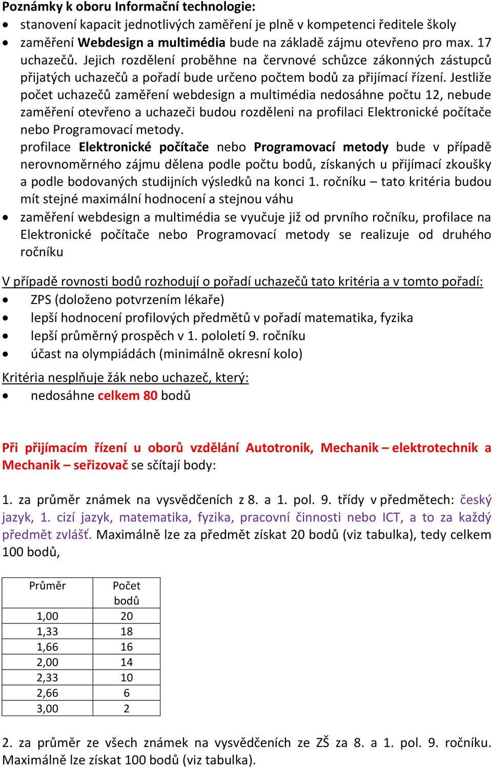 Jestliže počet uchazečů zaměření webdesign a multimédia nedosáhne počtu 12, nebude zaměření otevřeno a uchazeči budou rozděleni na profilaci Elektronické počítače nebo Programovací metody.