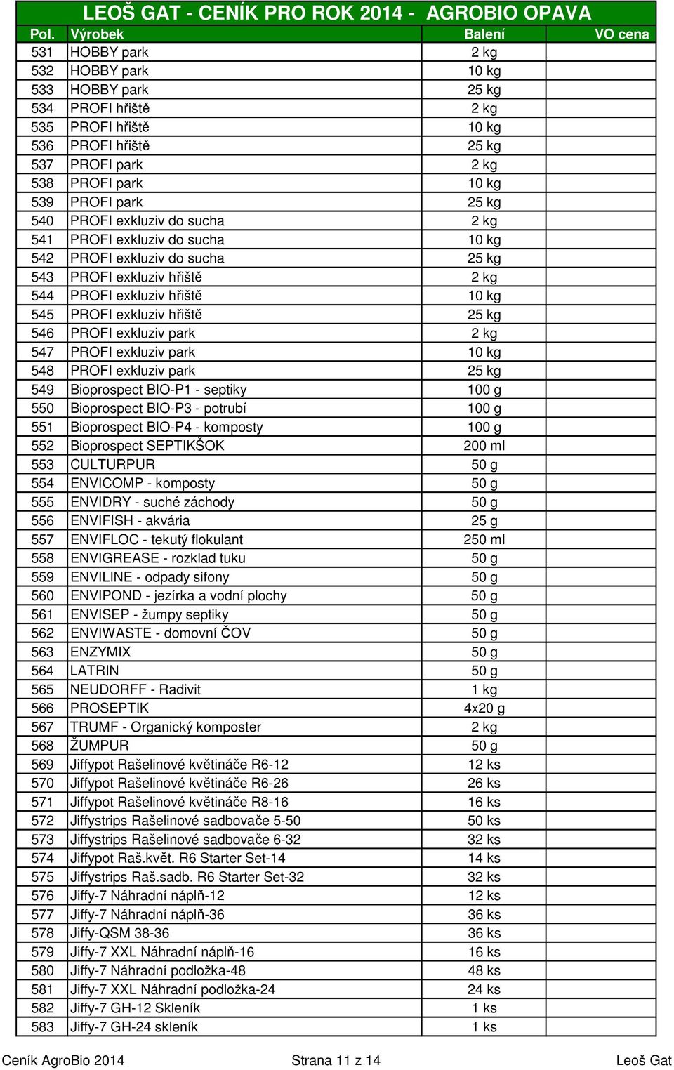PROFI exkluziv park 2 kg 547 PROFI exkluziv park 10 kg 548 PROFI exkluziv park 25 kg 549 Bioprospect BIO-P1 - septiky 100 g 550 Bioprospect BIO-P3 - potrubí 100 g 551 Bioprospect BIO-P4 - komposty