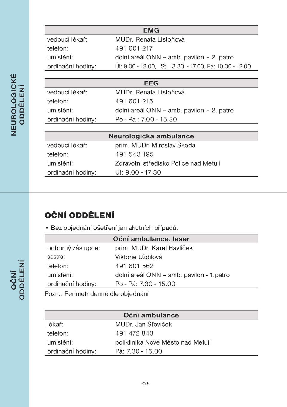 Miroslav Škoda telefon: 491 543 195 Zdravotní středisko Police nad Metují ordinační hodiny: Út: 9.00-17.30 OČNÍ OČNÍ Bez objednání ošetření jen akutních případů.