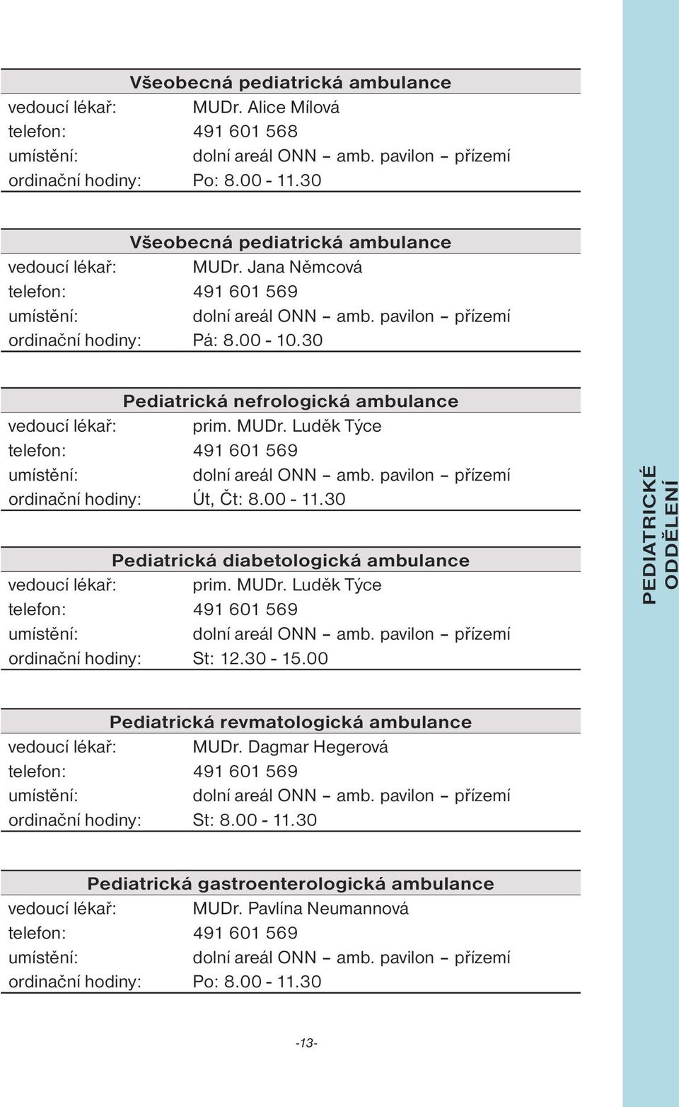 30 Pediatrická diabetologická ambulance vedoucí lékař: prim. MUDr. Luděk Týce telefon: 491 601 569 ordinační hodiny: St: 12.30-15.