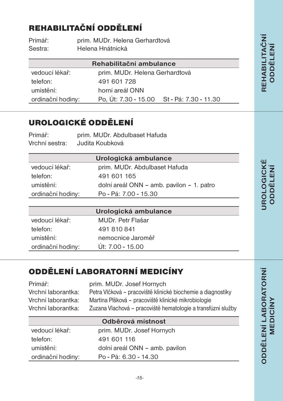 pavilon 1. patro ordinační hodiny: Po - Pá: 7.00-15.30 Urologická ambulance vedoucí lékař: MUDr. Petr Flašar telefon: 491 810 841 nemocnice Jaroměř ordinační hodiny: Út: 7.00-15.00 UROLOGICKÉ LABORATORNÍ MEDICÍNY Primář: prim.