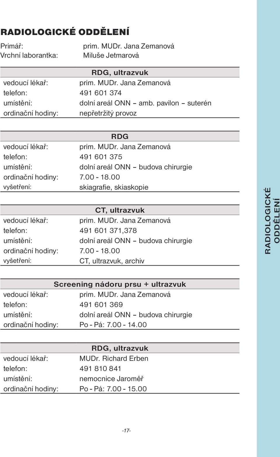 00 vyšetření: skiagrafie, skiaskopie CT, ultrazvuk vedoucí lékař: prim. MUDr. Jana Zemanová telefon: 491 601 371,378 dolní areál ONN budova chirurgie ordinační hodiny: 7.00-18.