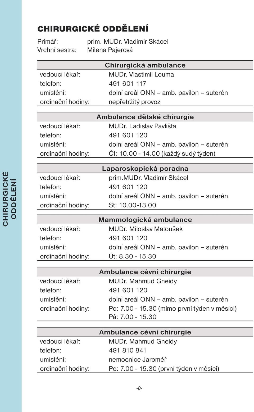 00 (každý sudý týden) CHIRURGICKÉ Laparoskopická poradna vedoucí lékař: prim.mudr. Vladimír Skácel telefon: 491 601 120 dolní areál ONN amb. pavilon suterén ordinační hodiny: St: 10.00-13.