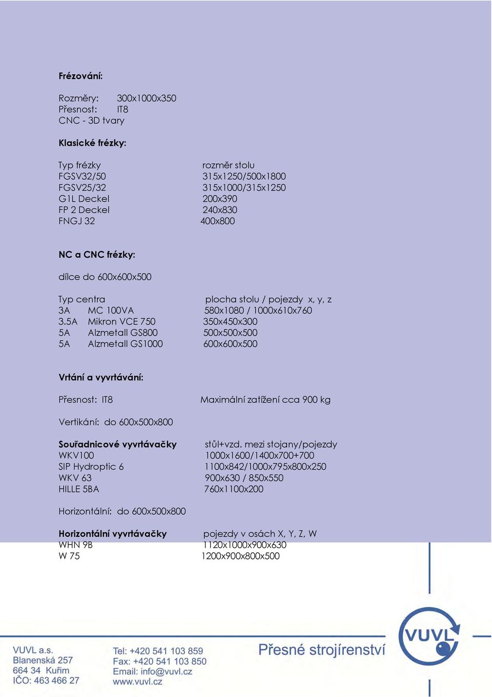 5A Mikron VCE 750 350x450x300 5A Alzmetall GS800 500x500x500 5A Alzmetall GS1000 600x600x500 Vrtání a vyvrtávání: Přesnost: IT8 Maximální zatížení cca 900 kg Vertikání: do 600x500x800 Souřadnicové