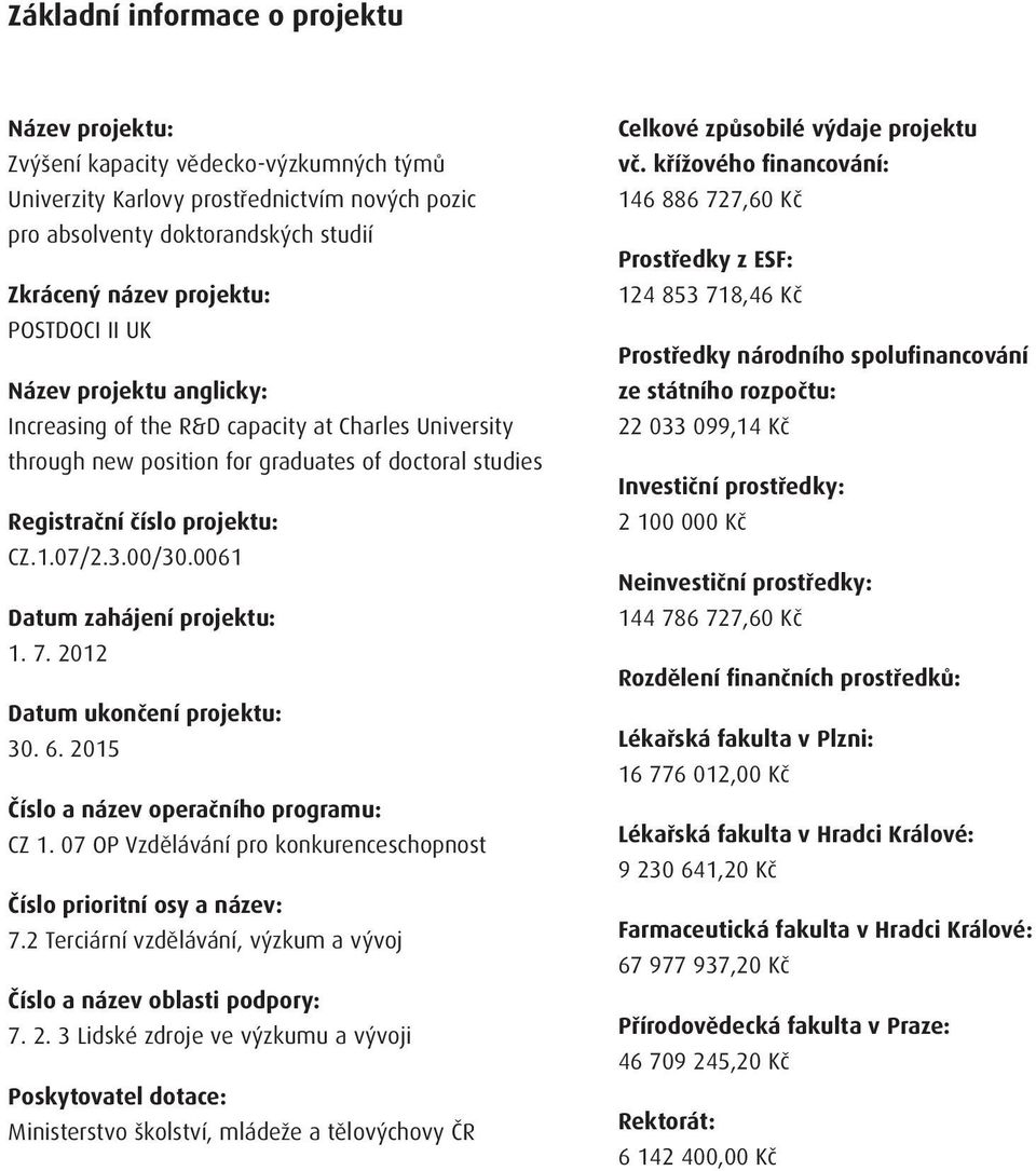0061 Datum zahájení projektu: 1. 7. 2012 Datum ukončení projektu: 30. 6. 2015 Číslo a název operačního programu: CZ 1. 07 OP Vzdělávání pro konkurenceschopnost Číslo prioritní osy a název: 7.