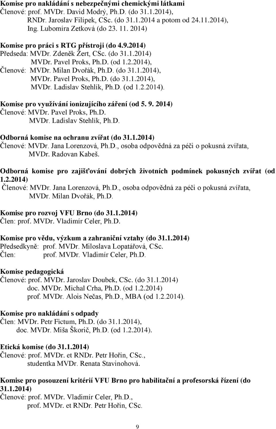 Milan Dvořák, Ph.D. (do 31.1.2014), MVDr. Pavel Proks, Ph.D. (do 31.1.2014), MVDr. Ladislav Stehlík, Ph.D. (od 1.2.2014). Komise pro využívání ionizujícího záření (od 5. 9. 2014) Členové: MVDr.