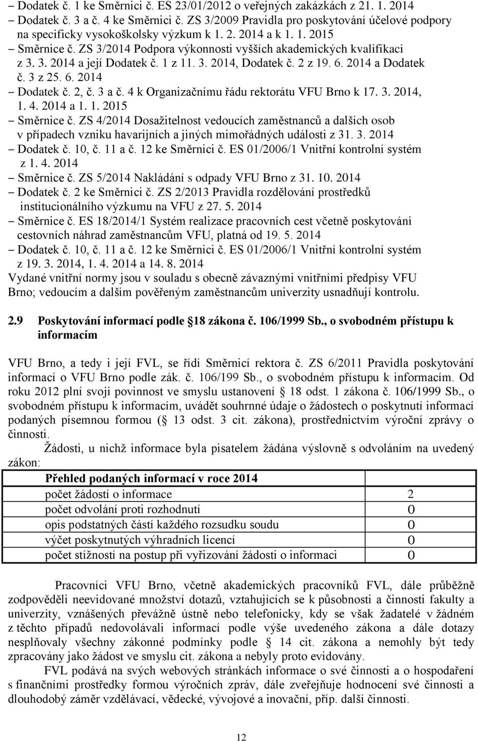 1 z 11. 3. 2014, Dodatek č. 2 z 19. 6. 2014 a Dodatek č. 3 z 25. 6. 2014 Dodatek č. 2, č. 3 a č. 4 k Organizačnímu řádu rektorátu VFU Brno k 17. 3. 2014, 1. 4. 2014 a 1. 1. 2015 Směrnice č.