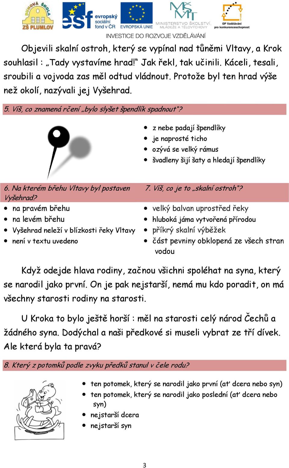 z nebe padají špendlíky je naprosté ticho ozývá se velký rámus švadleny šijí šaty a hledají špendlíky 6. Na kterém břehu Vltavy byl postaven Vyšehrad?