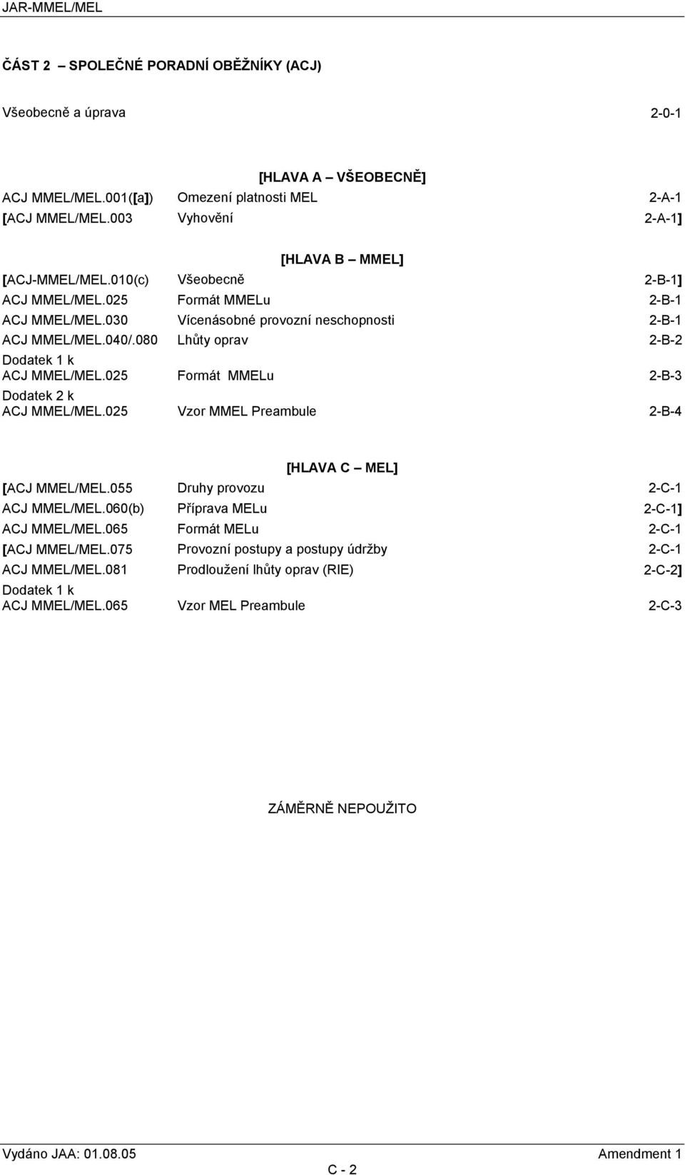 025 Formát MMELu 2-B-3 Dodatek 2 k ACJ MMEL/MEL.025 Vzor MMEL Preambule 2-B-4 [HLAVA C MEL] [ACJ MMEL/MEL.055 Druhy provozu 2-C-1 ACJ MMEL/MEL.060(b) Příprava MELu 2-C-1] ACJ MMEL/MEL.