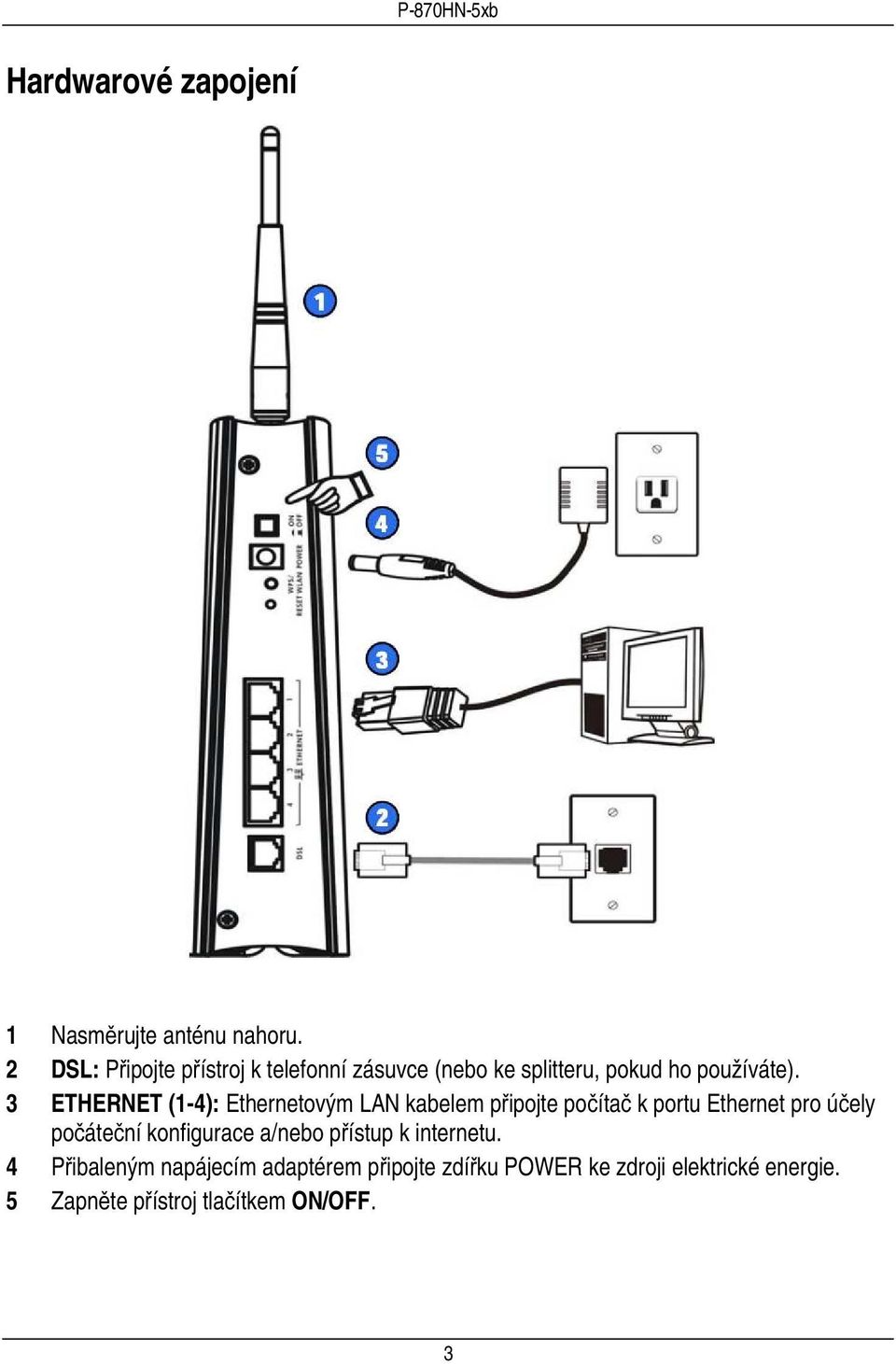 3 ETHERNET (1-4): Ethernetovým LAN kabelem připojte počítač k portu Ethernet pro účely počáteční