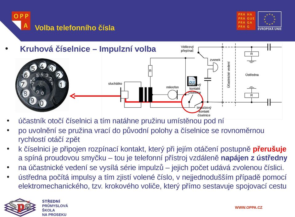 připojen rozpínací kontakt, který při jejím otáčení postupně přerušuje a spíná proudovou smyčku tou je telefonní přístroj vzdáleně napájen z ústředny na účastnické vedení se vysílá série