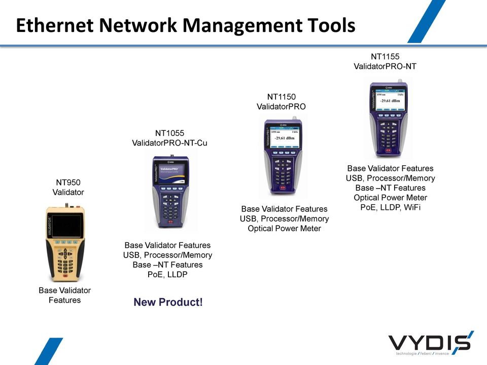 Meter Base Validator Features USB, Processor/Memory Base NT Features Optical Power Meter PoE,