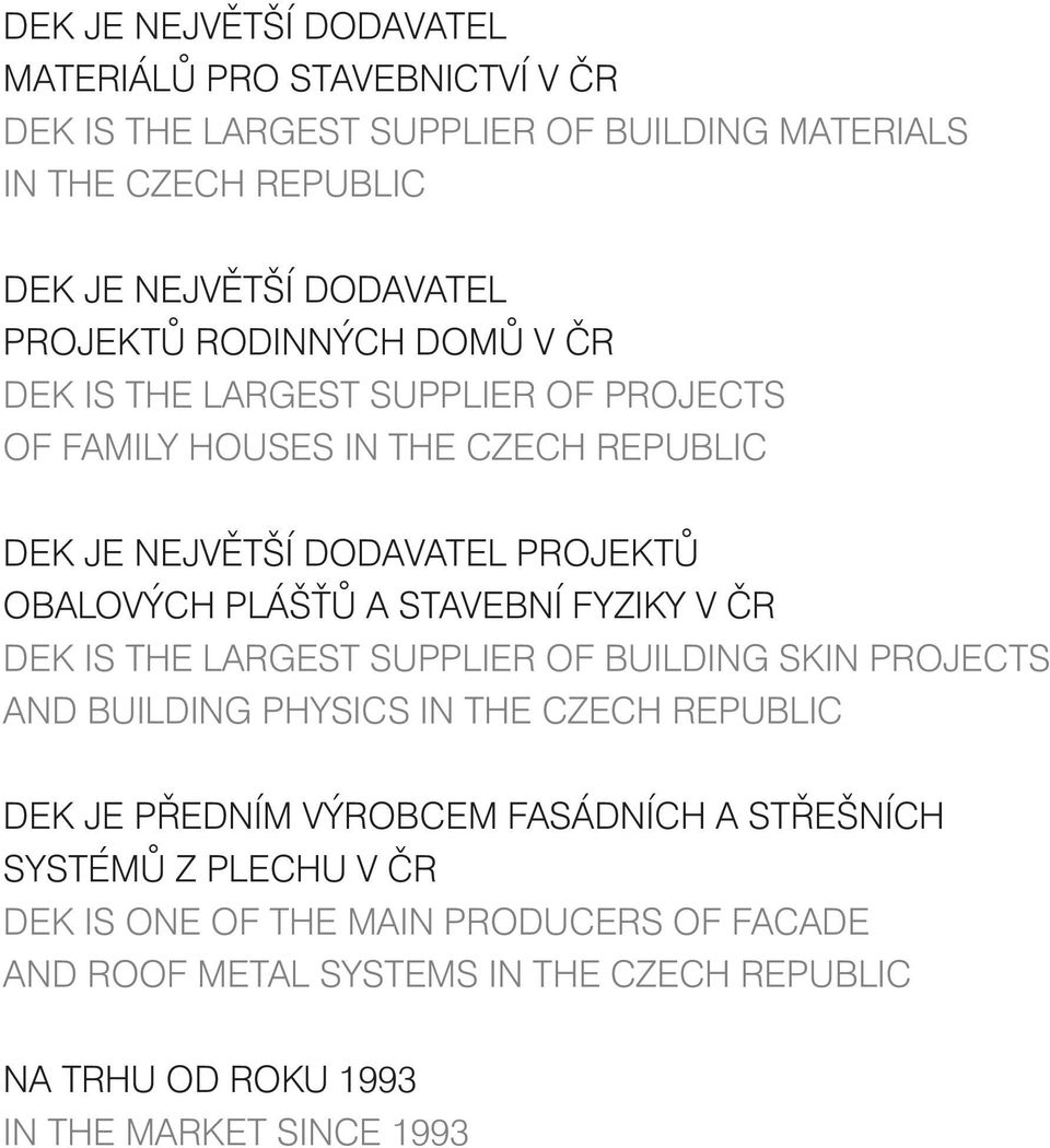A STAVEBNÍ FYZIKY V ČR DEK IS THE LARGEST SUPPLIER OF BUILDING SKIN PROJECTS AND BUILDING PHYSICS IN THE CZECH REPUBLIC DEK JE PŘEDNÍM VÝROBCEM FASÁDNÍCH A
