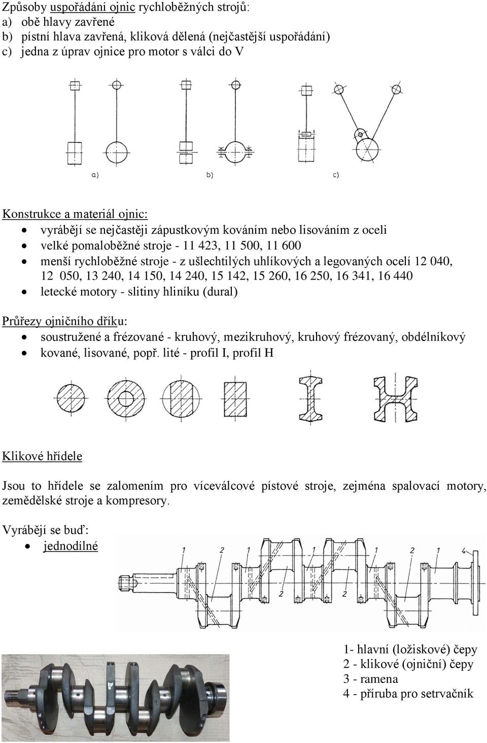 ocelí 12 040, 12 050, 13 240, 14 150, 14 240, 15 142, 15 260, 16 250, 16 341, 16 440 letecké motory - slitiny hliníku (dural) Průřezy ojničního dříku: soustružené a frézované - kruhový, mezikruhový,