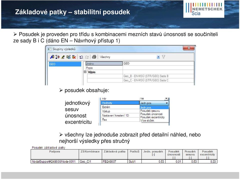 Návrhový přístup 1) posudek obsahuje: jednotkový sesuv únosnost excentricitu