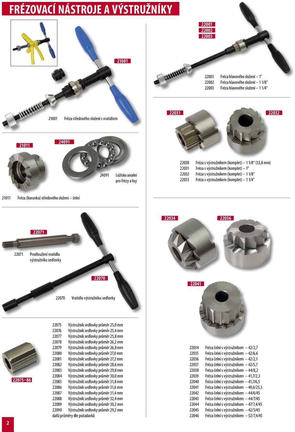 (komplet) 1 1/8" 22033 Fréza s výstružníkem (komplet) 1 1/4" 21011 Fréza (korunka) středového složení čelní 22034 22036 22071 22071 Prodloužení vratidla výstružníku sedlovky 22070 22041 22070