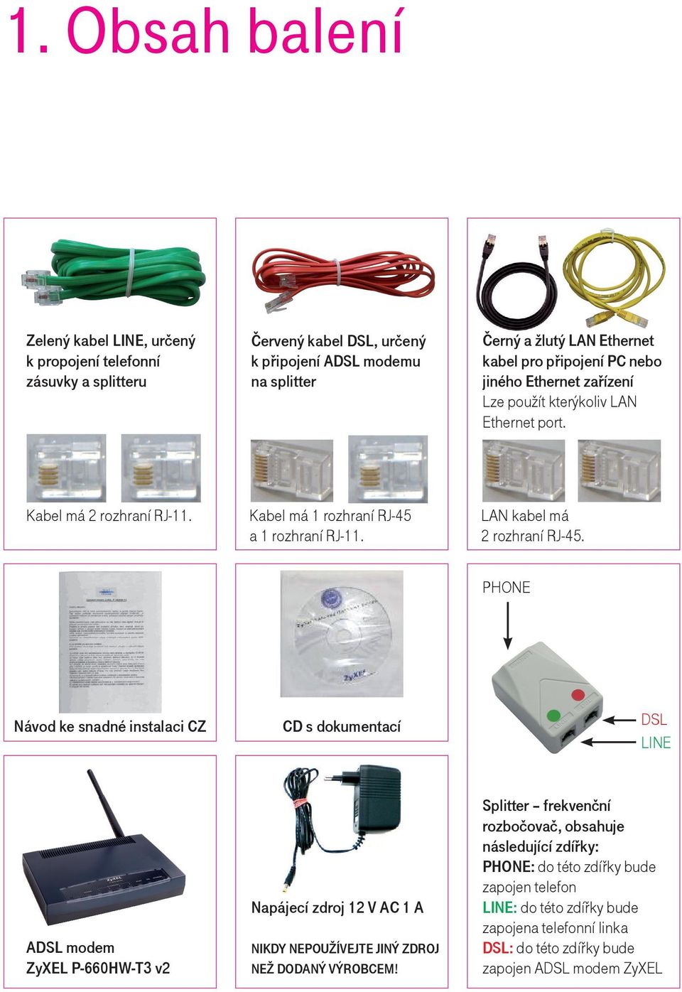 PHONE Návod ke snadné instalaci CZ CD s dokumentací DSL LIne ADSL modem ZyXEL P-660HW-T3 v2 Napájecí zdroj 12 V AC 1 A NIKDY NEPOUŽÍVEJTE JINÝ ZDROJ NEŽ DODANÝ VÝROBCEM!