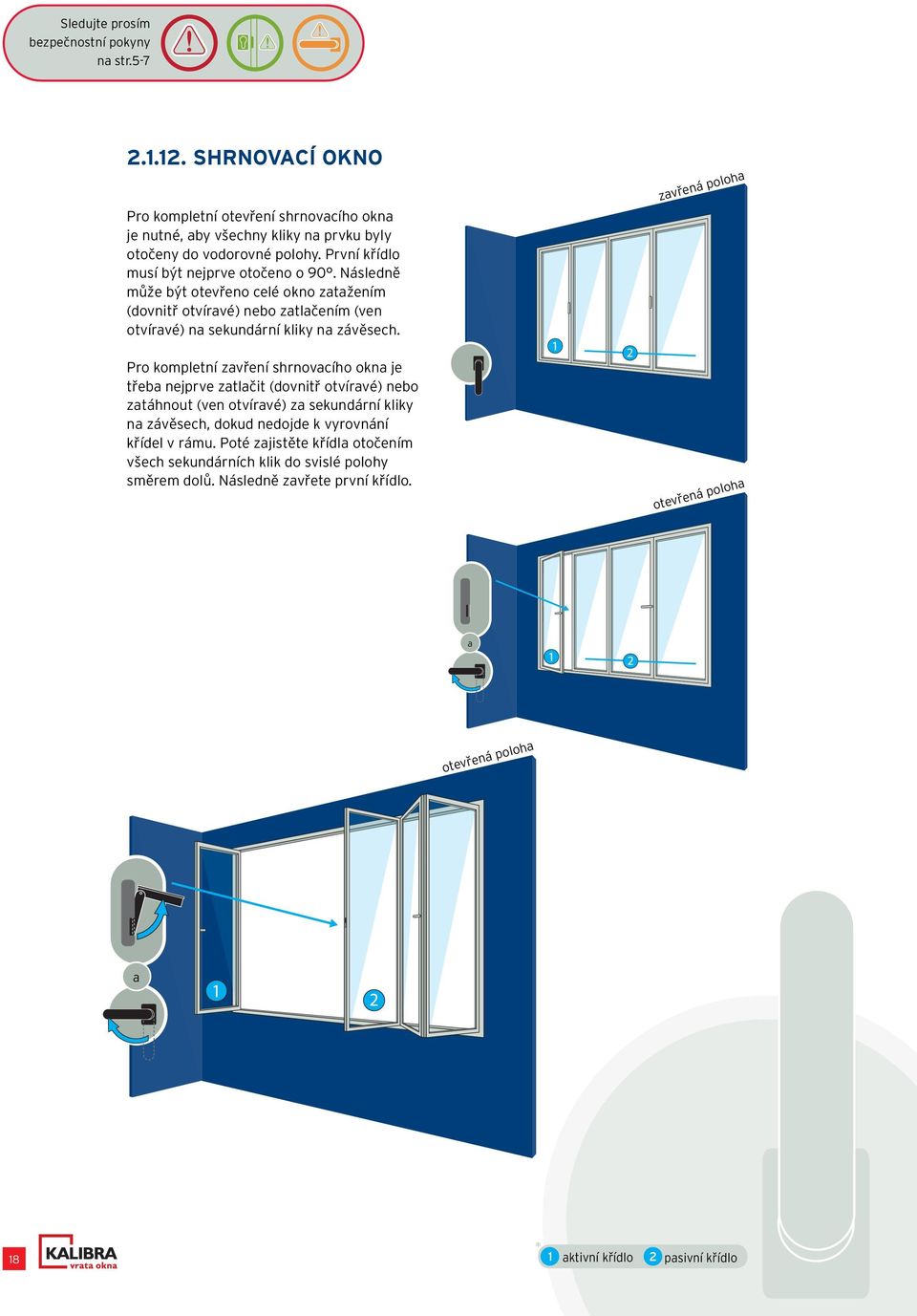 Následně může být otevřeno celé okno zatažením (dovnitř otvíravé) nebo zatlačením (ven otvíravé) na sekundární kliky na závěsech.