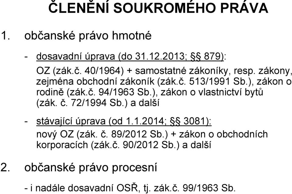 č. 72/1994 Sb.) a další - stávající úprava (od 1.1.2014; 3081): nový OZ (zák. č. 89/2012 Sb.