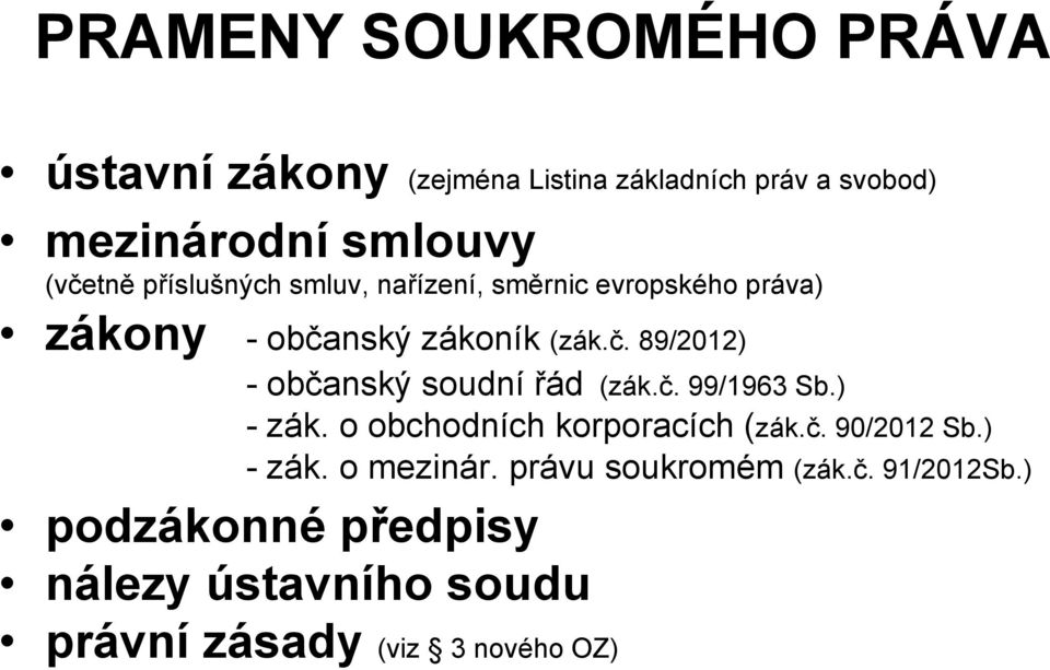 č. 99/1963 Sb.) - zák. o obchodních korporacích (zák.č. 90/2012 Sb.) - zák. o mezinár. právu soukromém (zák.