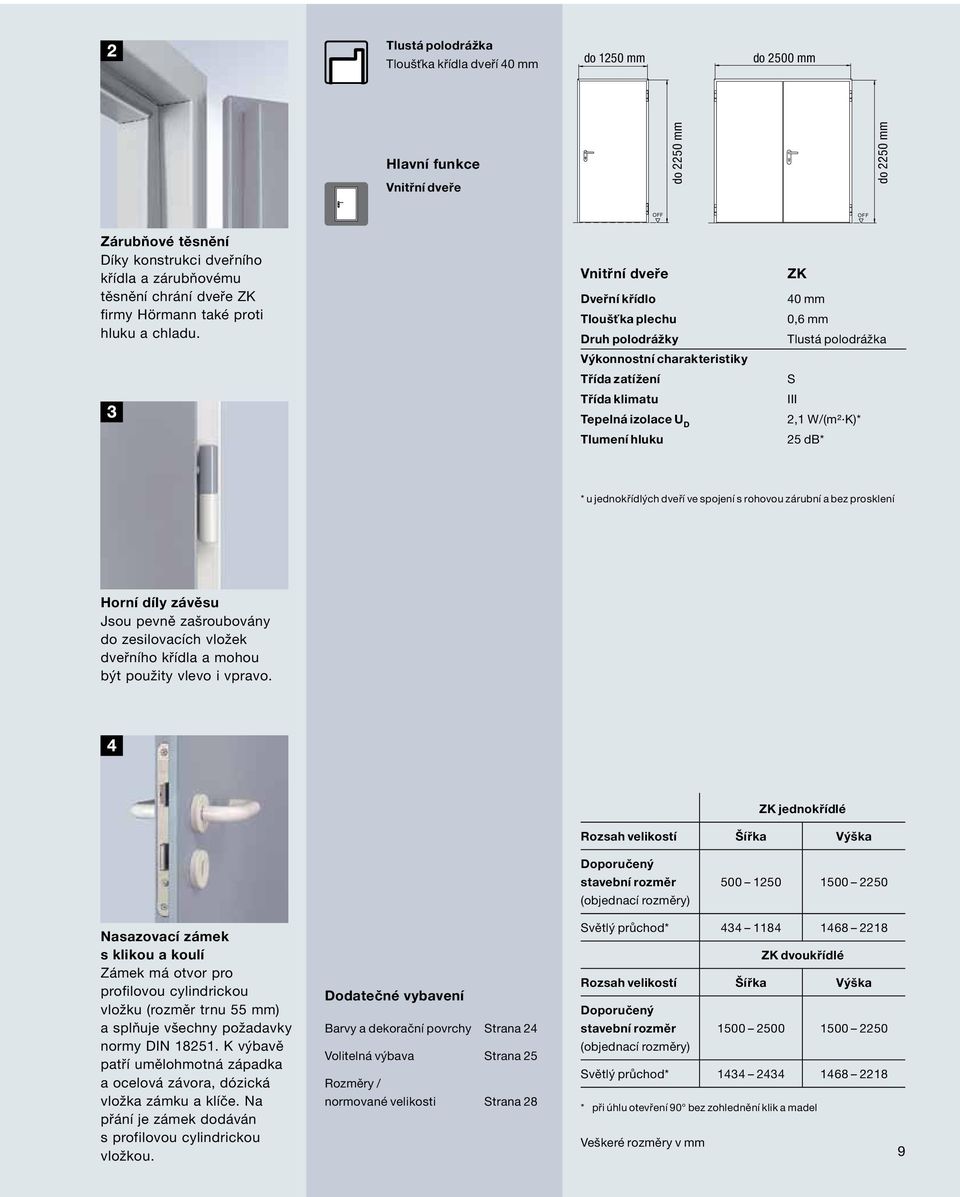 Vnitřní dveře Dveřní křídlo Tloušťka plechu Druh polodrážky Výkonnostní charakteristiky Třída zatížení Třída klimatu Tepelná izolace U D Tlumení hluku ZK 40 mm 0,6 mm Tlustá polodrážka S III 2,1 W/