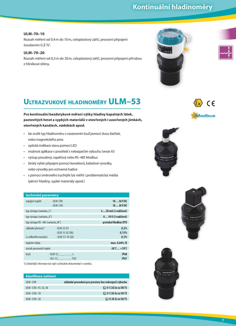 Ultrazvukové hladinoměry ULM 53 Pro kontinuální bezdotykové měření výšky hladiny kapalných látek, pastovitých hmot a sypkých materiálů v otevřených i uzavřených jímkách, otevřených kanálech, nádobách