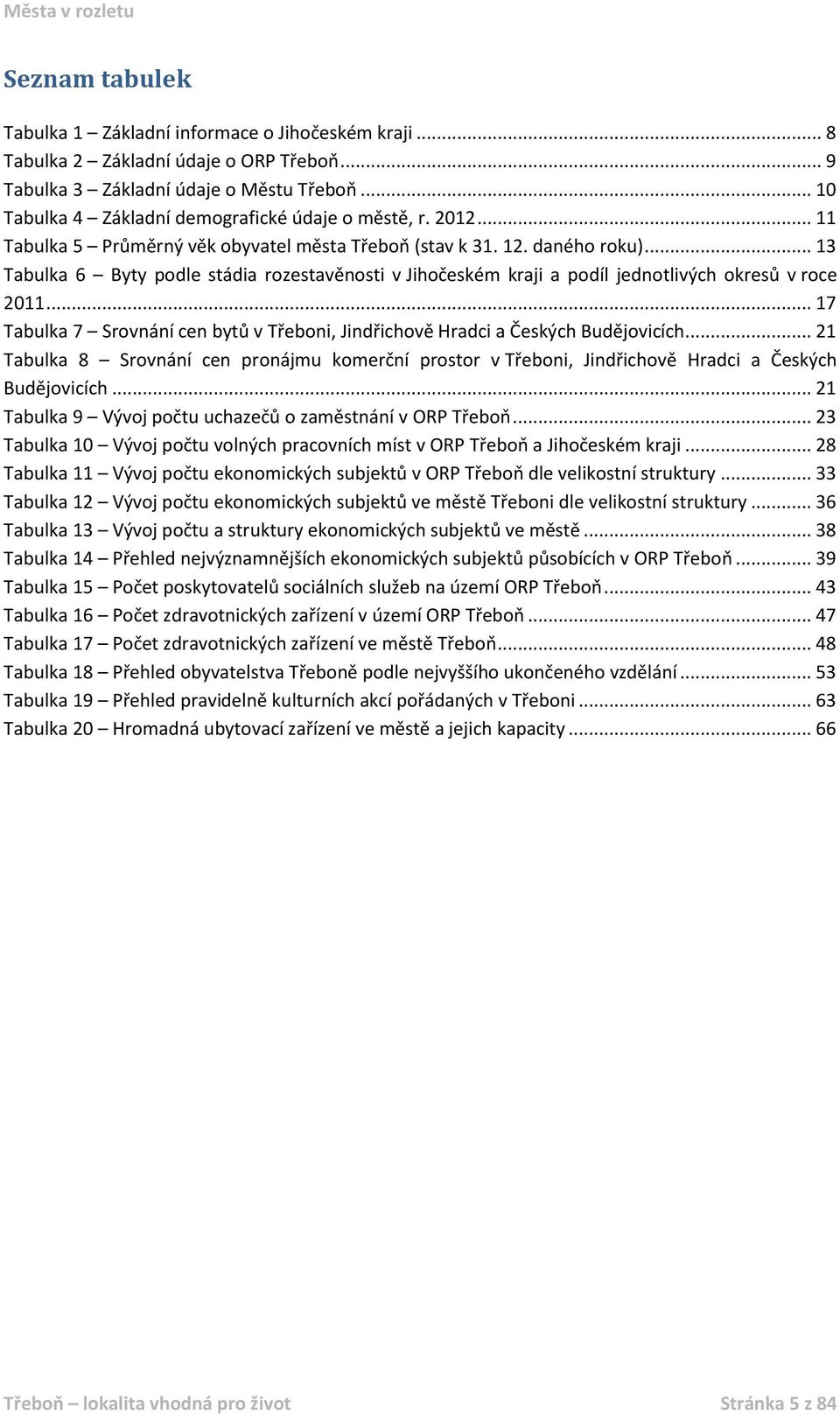 .. 13 Tabulka 6 Byty podle stádia rozestavěnosti v Jihočeském kraji a podíl jednotlivých okresů v roce 2011... 17 Tabulka 7 Srovnání cen bytů v Třeboni, Jindřichově Hradci a Českých Budějovicích.