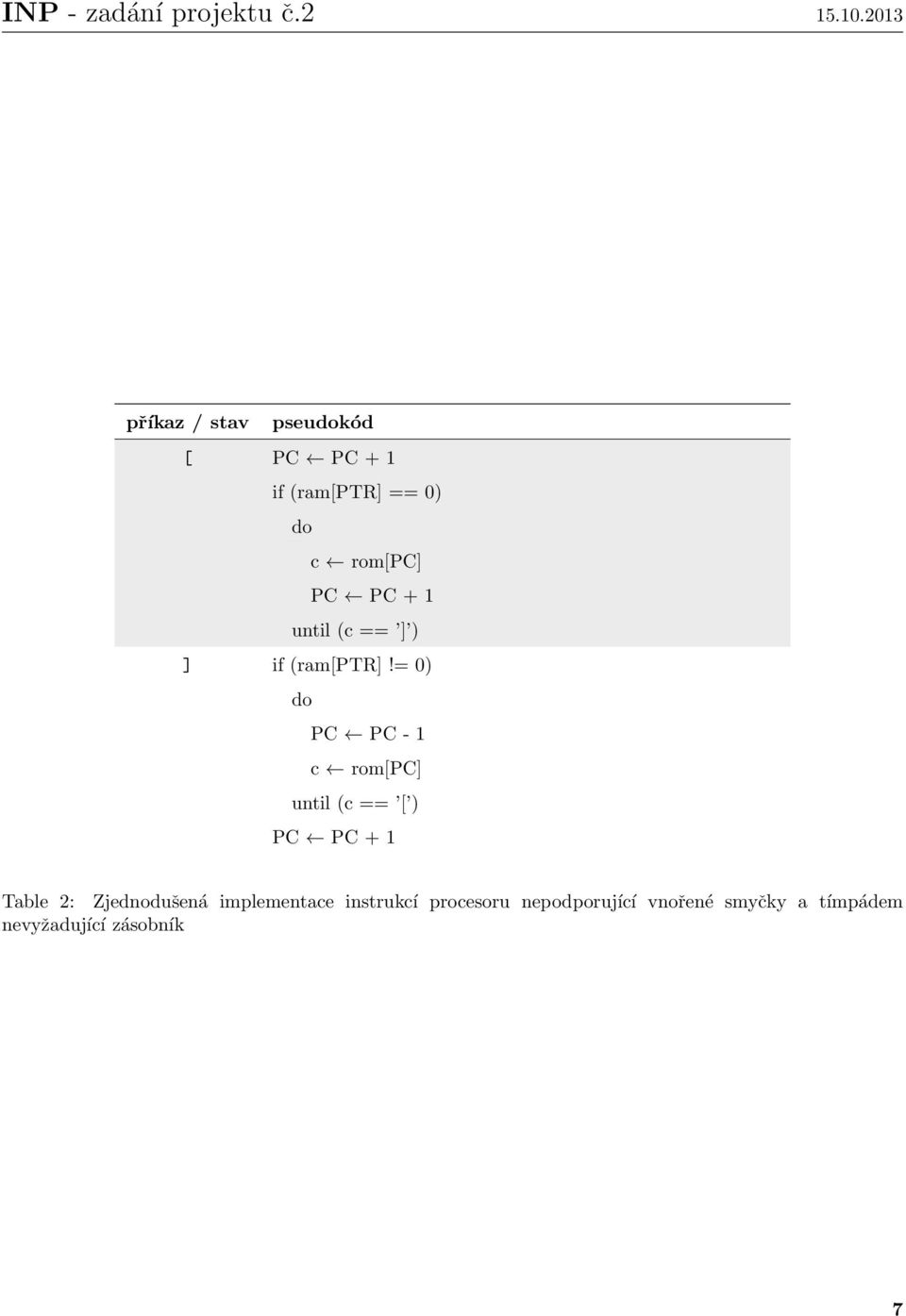 = 0) do PC PC - 1 c rom[pc] until (c == [ ) Table 2: