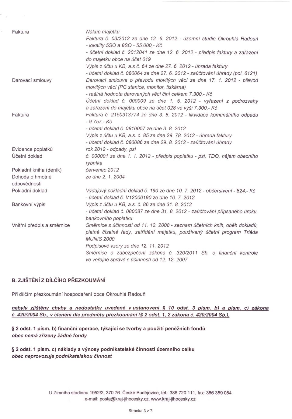 s č. 64 ze dne 27. 6. 2012 - úhrada faktury - účetní doklad č. 080064 ze dne 27. 6. 2012 - zaúčtování úhrady (pol. 6121) Darovací smlouva o převodu movitých věcí ze dne 17