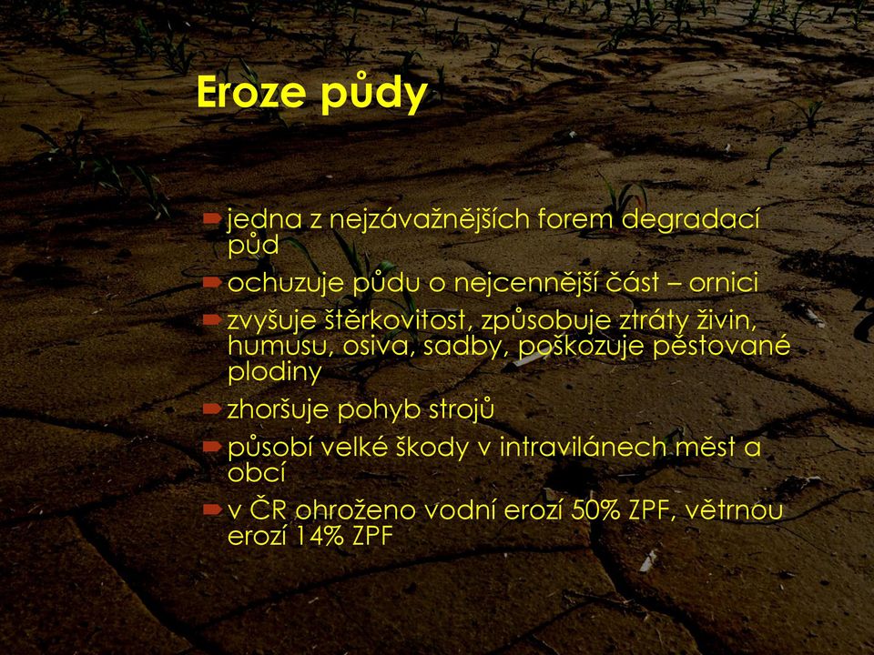 osiva, sadby, poškozuje pěstované plodiny zhoršuje pohyb strojů působí velké