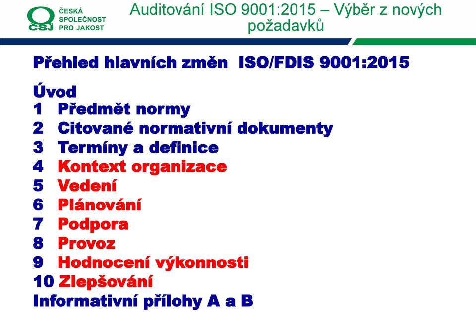 4 Kontext organizace 5 Vedení 6 Plánování 7 Podpora 8