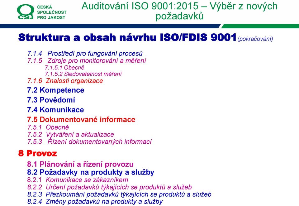 5.3 Řízení dokumentovaných informací 8 Provoz 8.1 Plánování a řízení provozu 8.2 Požadavky na produkty a služby 8.2.1 Komunikace se zákazníkem 8.2.2 Určení týkajících se produktů a služeb 8.