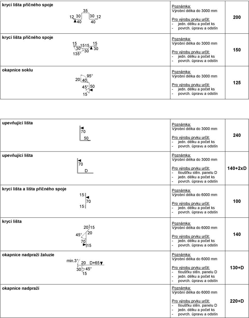 Výrobní délka do 00 mm 240 upevňující lišta 70 D Výrobní délka do 00 mm 140+2xD krycí lišta a