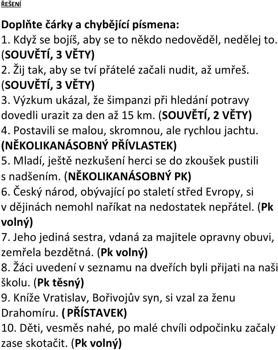 Mladí, ještě nezkušení herci se do zkoušek pustili s nadšením. (NĚKOLIKANÁSOBNÝ PK) 6. Český národ, obývající po staletí střed Evropy, si v dějinách nemohl naříkat na nedostatek nepřátel.