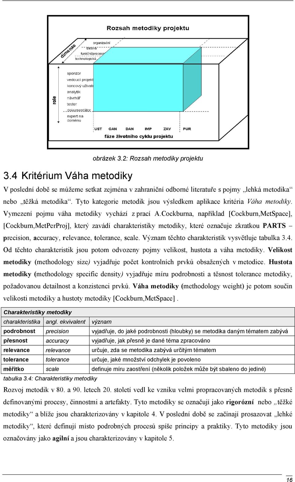 Cockburna, například [Cockburn,MetSpace], [Cockburn,MetPerProj], který zavádí charakteristiky metodiky, které označuje zkratkou PARTS precision, accuracy, relevance, tolerance, scale.